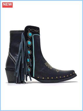 Western Fringe Ankle Booties Studded Cowboy Boots Turquoise Stone